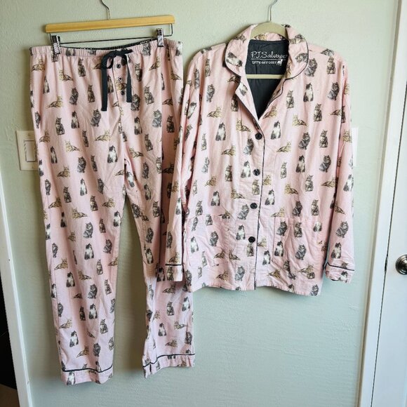 PJ Salvage Pink Cat Print Flannel Pajama Set Cotton Button Front L Like New - Picture 1 of 15